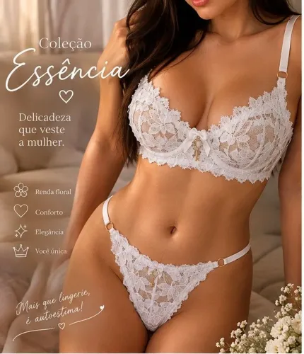Conjunto Maitê de Renda Floral Branco | Sem Bojo, Com Aro e Detalhe Exclusivo