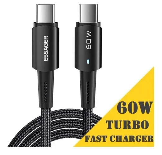 Cabo Carregador Turbo 60w 2 Pontas Tipo C 3a Essager 2 Metros