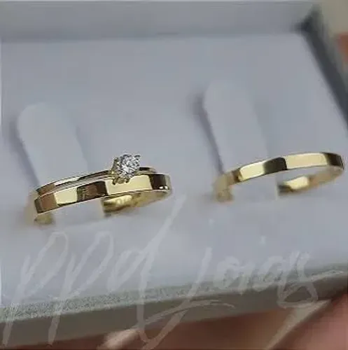 Par de alianças de ouro 18 k 2 mm largura + solitário ouro 18 k