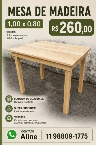 Mesa de madeira rústica 1x0,80