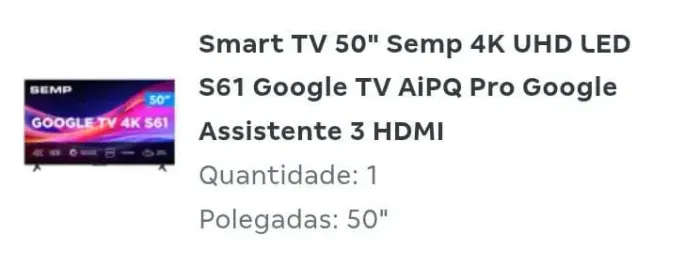 Smart TV 50" Semp 4K UHD LED S61 Google TV AIPQ Pro Google Assistente 3 HDMI