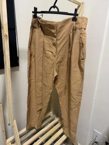 Calça Feminina Social Bege Cintura Alta com Faixa - Nova