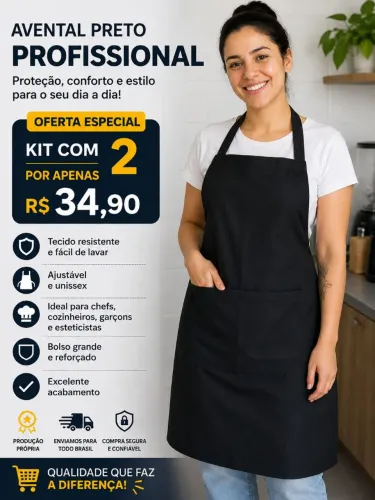 Kit 2 Aventais Pretos Profissionais - R$ 34,90