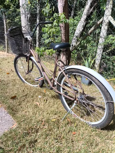 Bicicleta de Passei Retrô Marrom e Branca com cestinha + cadeado