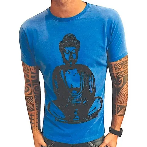 Camiseta Masculina Azul Escura Estonada - Com Estampa de um Buda no Peito 100% Algodão