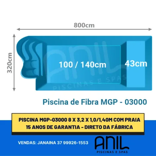 Ja - Piscina de fibra com profundidade rampada, 8 metros com praia