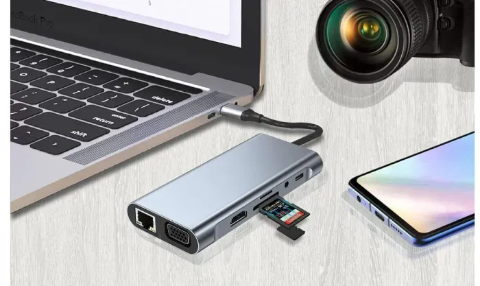 Adaptador Hub e Leitor de cartão 11 em 1, Tipo C, HDMI, VGA, P2, USB