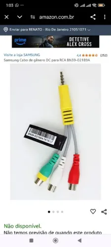 Cabo Adaptador P3 RCA Smart TV Samsung Original 