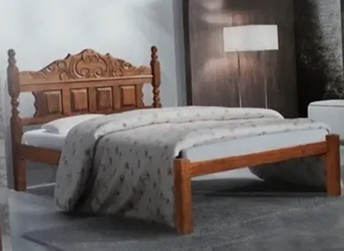 Cama Casal Madeira Maciça Detalhe Entalhado.
