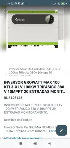 INVERSOR GROWATT MAX 100 KTL3-X LV 100KW TRIFASICO 380 V 10MPPT 20 ENTRADAS 