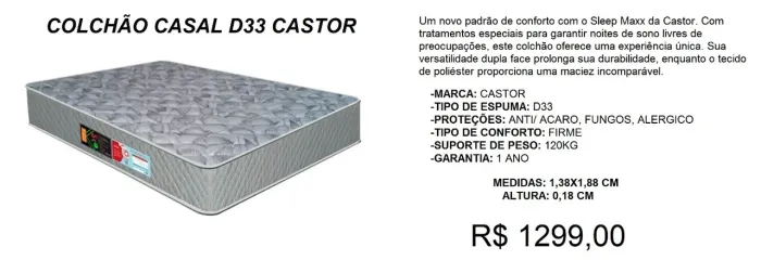 Colchão Casal CASTOR D33 - 1,38x1,88 -  ENTREGA INCLUSA