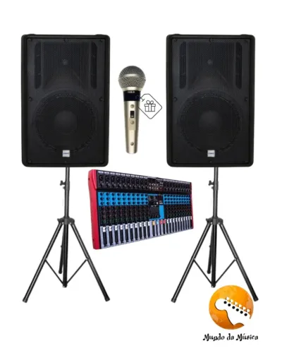 KIT- 2 CAIXAS DE SOM ATIVAS DBR 715-700w RMS + 2 TRIPÉS +MESA 20 Canais + Microfone Dls-8