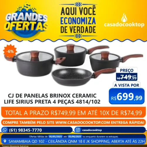 CJ DE PANELAS BRINOX  CERAMIC LIFE SIRIUS PRETA 4 PECAS 4814/102