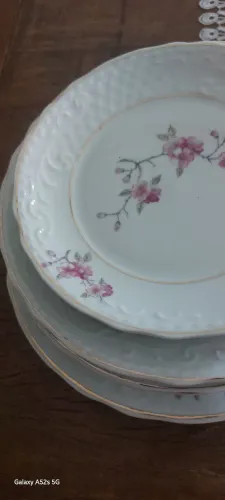 Jogo de jantar 12 peças com dourado, alto relevo e floral