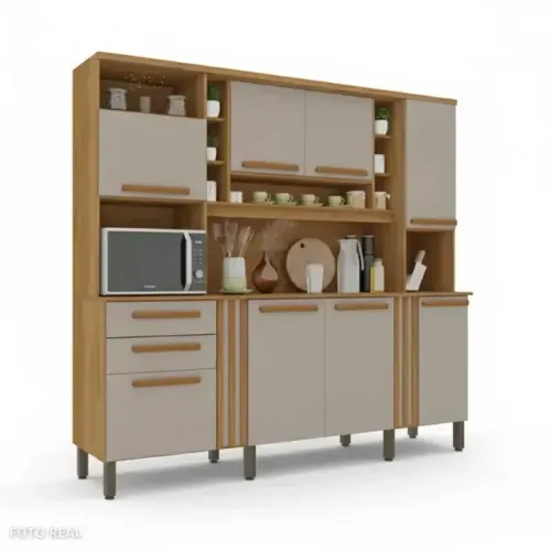 Armário Cozinha Acácia Cinamomo/Off 8 Portas 2 Gavetas Sallêto - Entrega Rápida! 