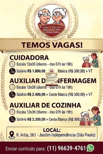 Casa de repouso contrata: Auxiliar de enfermagem, cuidadora de idosos