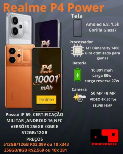 Realme P4 Power com super bateria de 10.001mah. ótimos preços 