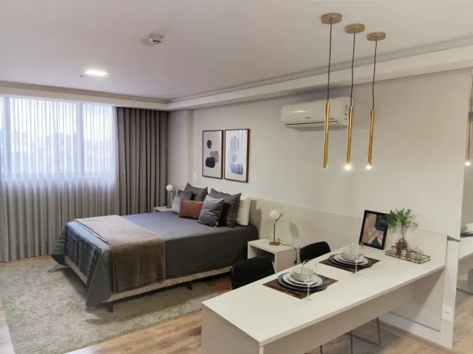 Flat Suíte Confortável com Cama Queen e Cozinha Americana