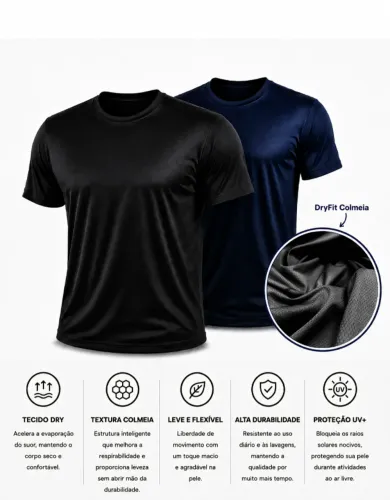 Kit 2 Camisetas Dryfit Azul-marinho e Preta Proteção UV+