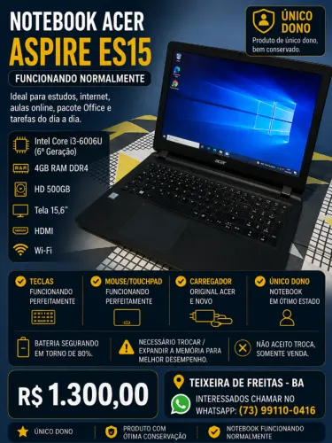Notebook Acer Aspire ES15 - R$ 1.300