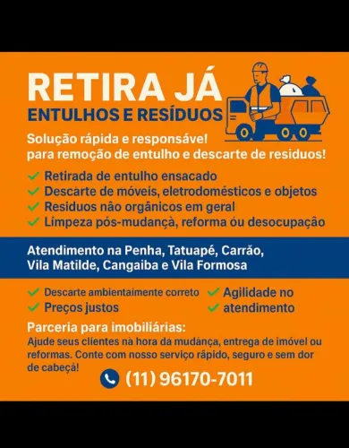 Retiramos entulhos ensacados e resíduos na ZONA LESTE