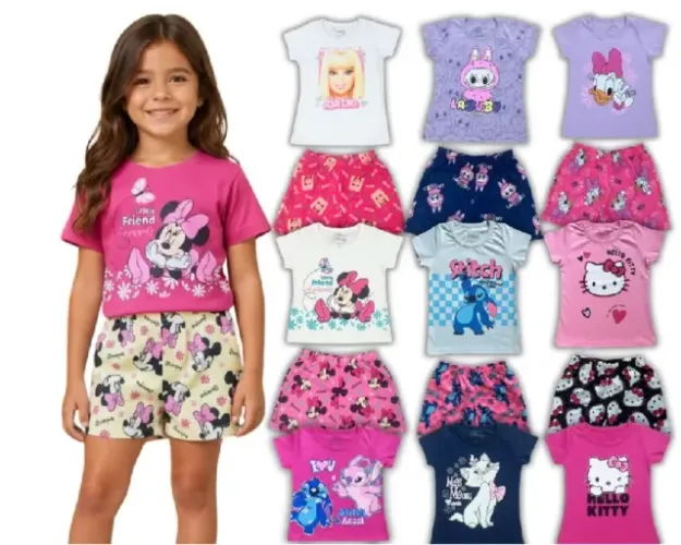 Kit 6 Peças Menina Infantil Personagens Verão Conjunto Feminina Calor Barbie Stitch Minnie