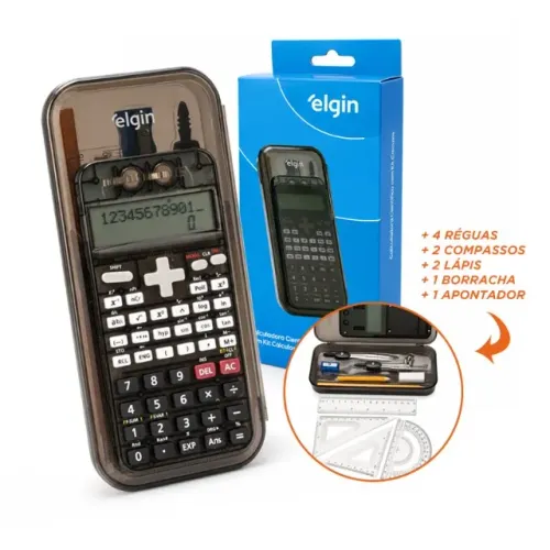 Kit Calculadora Científica + Compassos + Réguas + Lápis + Borracha + Apontador Elgin