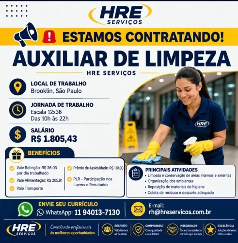 Vagas para Auxiliar de limpeza