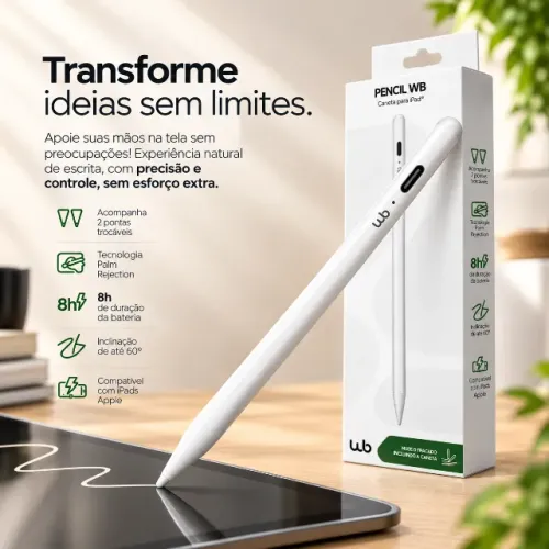 Caneta Pencil WB Para iPad com Palm Rejection, Tilt to Bold e Ponta de Alta Precisão 1.5mm