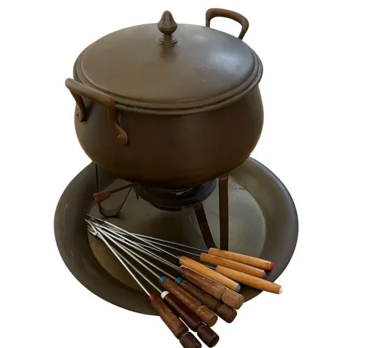 conjunto fondue metal antigo com 10 garfos