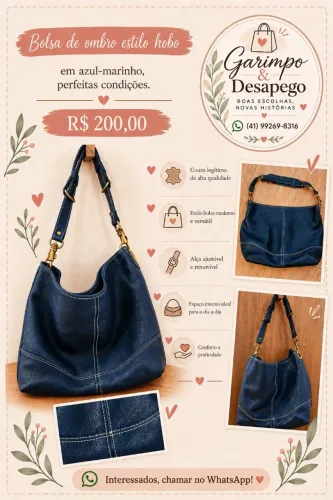 Bolsa de couro legítimo azul-marinho 