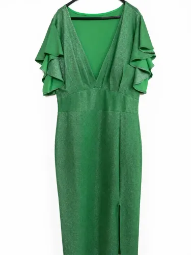 Vestido Midi Verde Brilhante com Babados - Para Festas e Casamentos