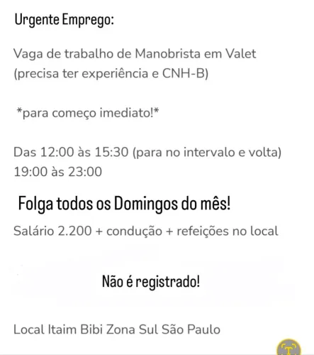 Vaga de trabalho urgente para manobrista com experiência