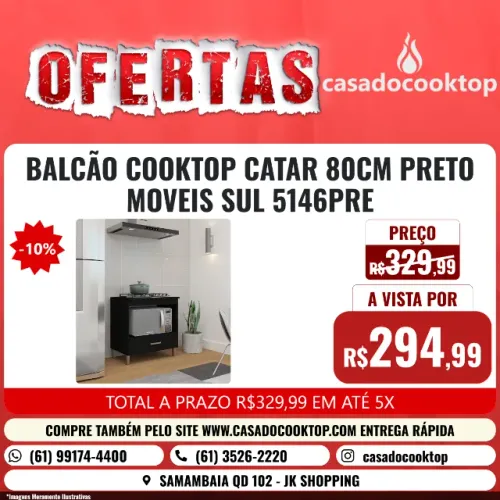 BALCAO COOKTOP CATAR 80CM PRETO MOVEIS SUL 5146PRE
