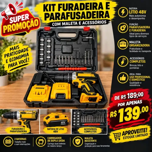 KIT FURADEIRA PARAFUSADEIRA 48V COM MALETA E ACESSÓRIOS
