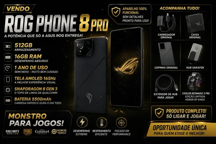 ROG Phone 8 Pro 512GB | 16GB RAM | Completo + Cooler RedMagic + Hub Sarafox | Impecável