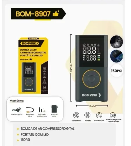 Bomba de Ar Digital BOMVINK BOM-8907 Portátil 150 PSI com LED, pode retirado ou entrega