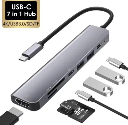 Hub 7 em 1 USB-C pra HDMI/PD/USB-A 3.0/SD