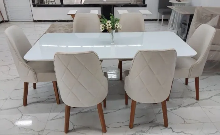 Conj Mesa Alto Padrão 6 Lugares Cadeiras Curvadas