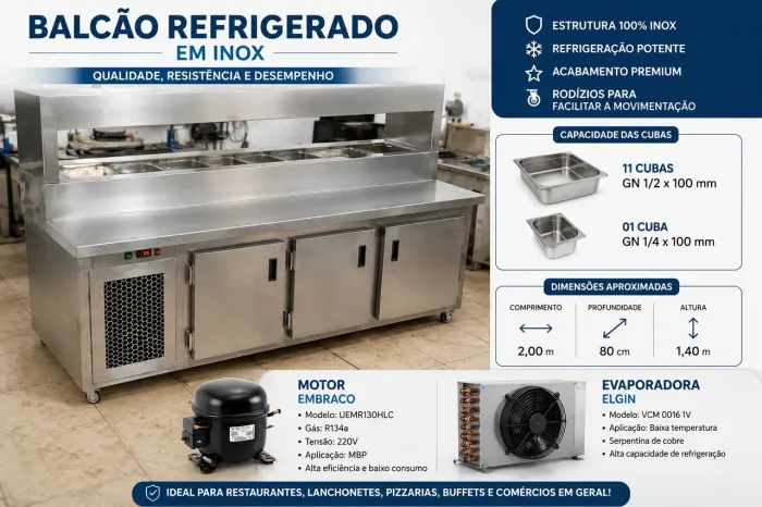 Balcão Refrigerado em Inox para Preparação de Alimentos com Cubas GN