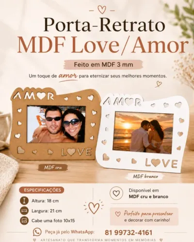 Porta Retrato Mdf Branco Amor Love Foto 10x15 