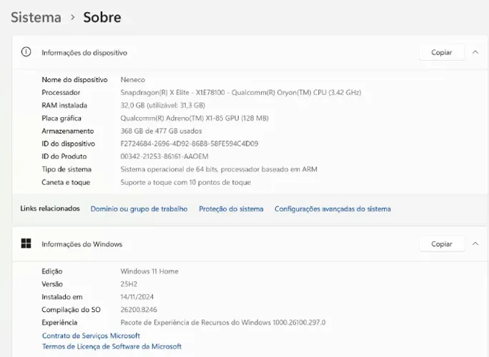 Notebook Acer Swift 14 AI SF14-11T- X8CG Qualcomm Snapdragon X Elite 32GB RAM 512GB SSD 14