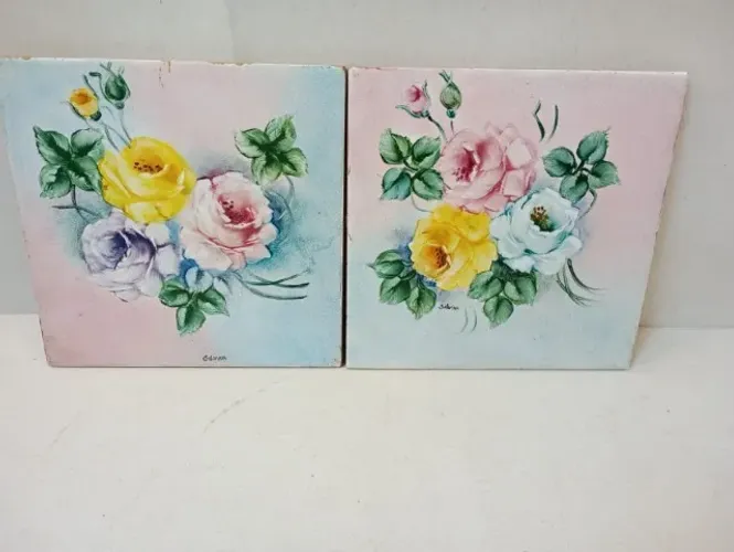 Kit 2 Azulejos Vintage Decorativos Pintados à Mão - Assinados por Silvina ($15\times15\te