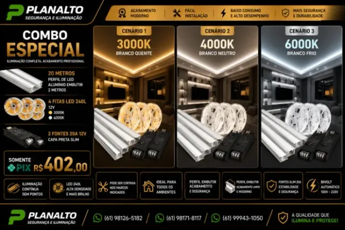 20m PERFIL DE LED +20M FITA 240LEDS 12V 3000/6500K + 2 FONTE 20A SLIM