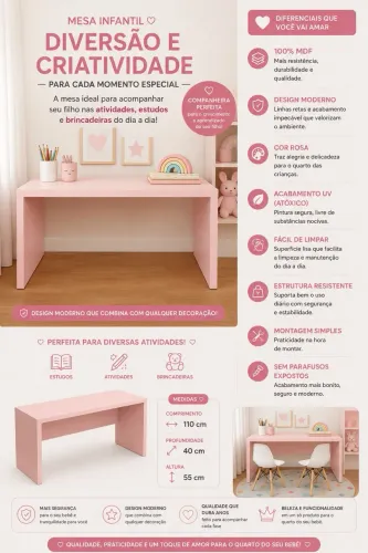 Mesa infantil 100% mdf Rosa