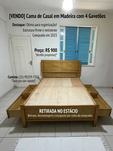 [VENDO] Cama de Casal em Madeira Maciça com 4 Gavetões Laterais