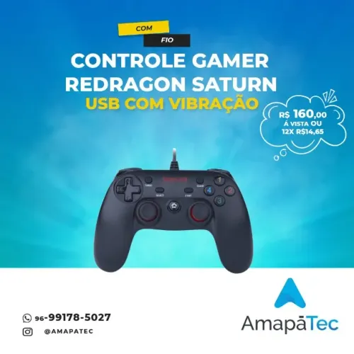 Controle Gamer Redragon Saturn Preto USB com Vibração
