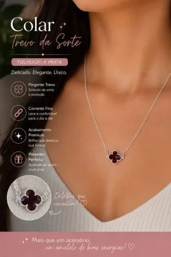 Colar trevo vermelho folheado a prata 925