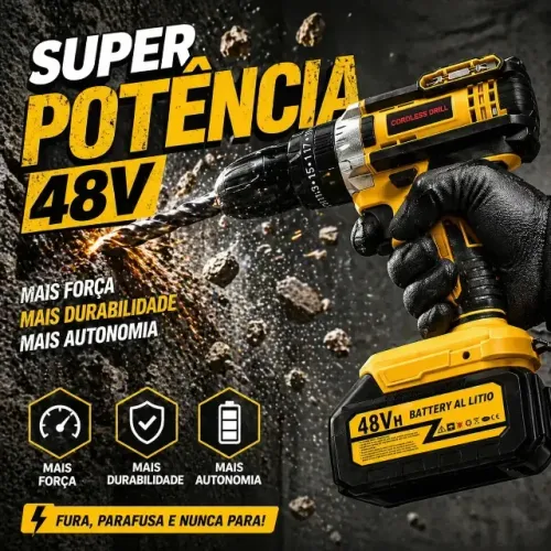 Furadeira e Parafusadeira de Impacto Profissional 48V + Maleta Completa