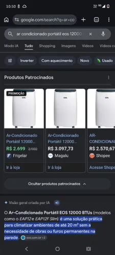 Ar condicionado portátil eos 12000 BTUs.. 4 vezes ligado..